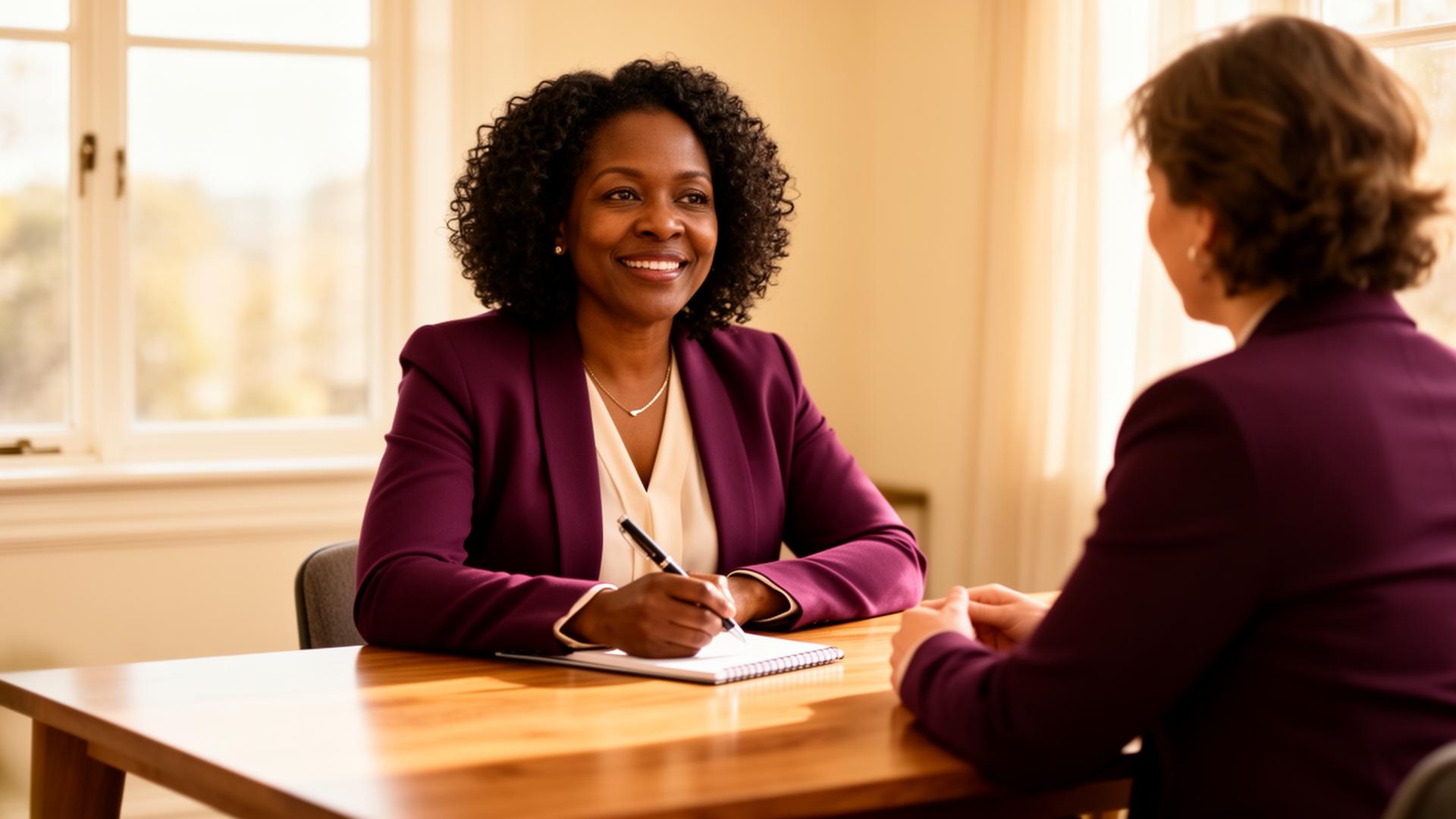 A coach in conversation with a client across a sunlit table